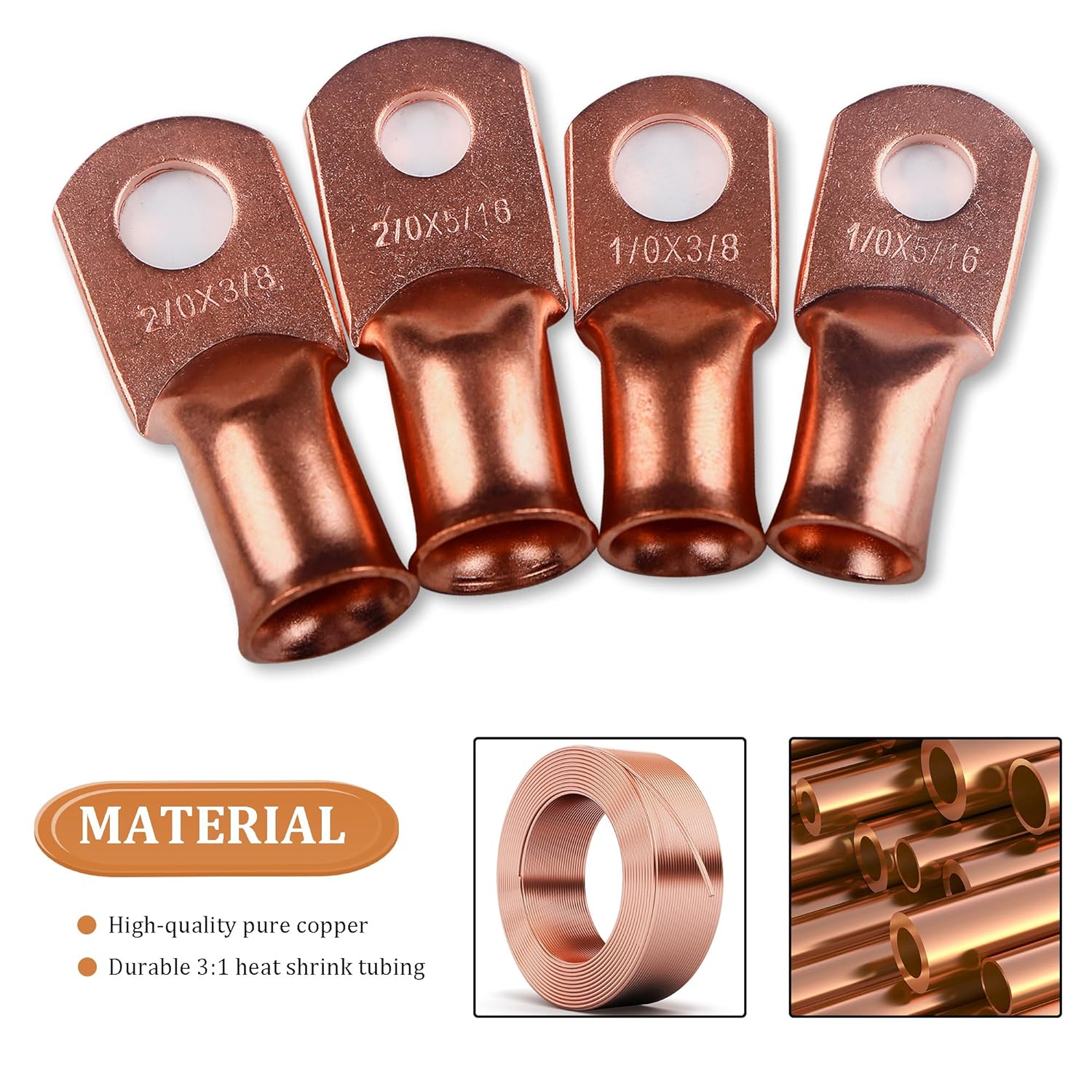 32 PCS Copper Battery Terminal Connectors Kit, 1/0 AWG 2/0 AWG 0 Gauge 00 Gauge Wire Lugs with Heat Shrink Tubing for Automotive RV Boat Solar and DIY Wiring