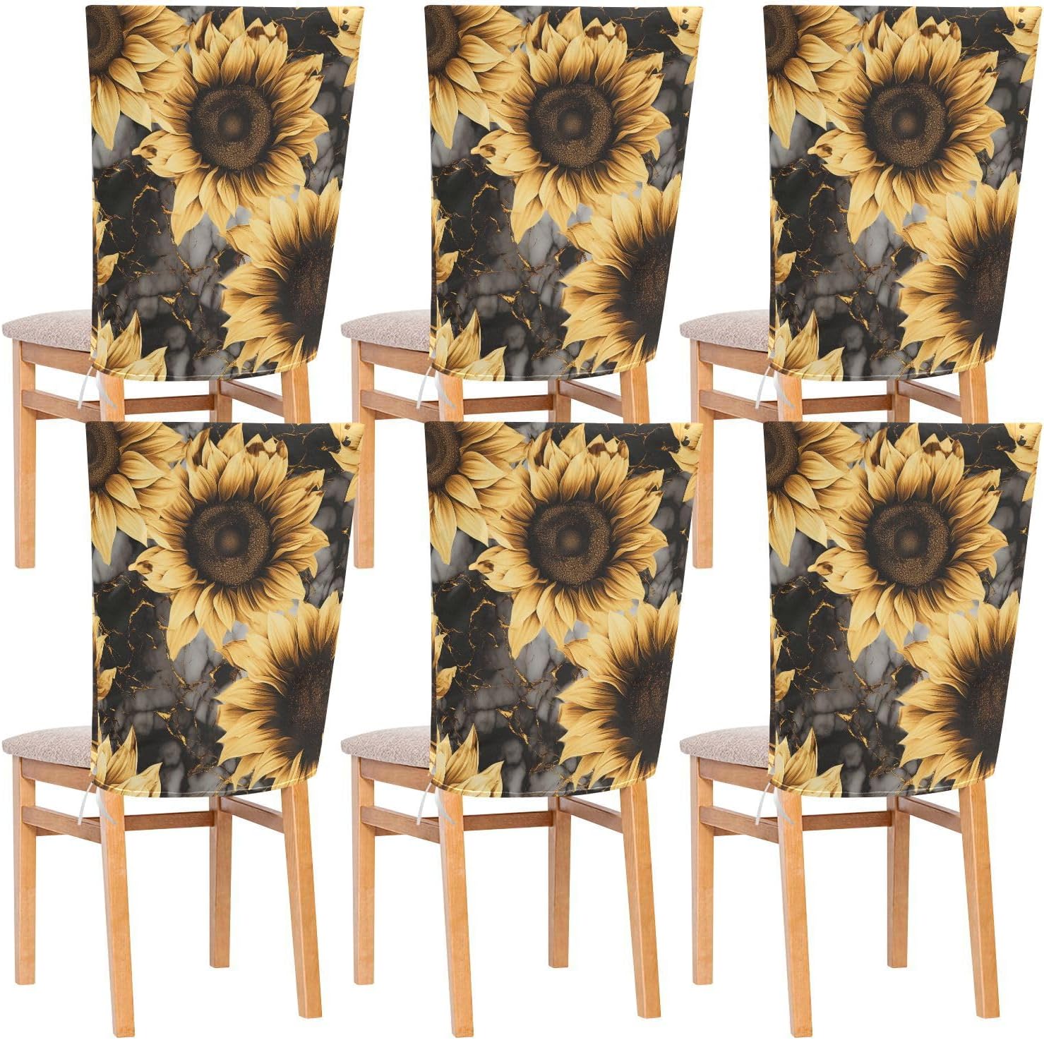 ALAZA Sunflowers Marble Chair Back Cover Set of 6, Washable Reusable Removable Chair Slipcovers Decorative Chair Cover for Home Kitchen Wedding Party