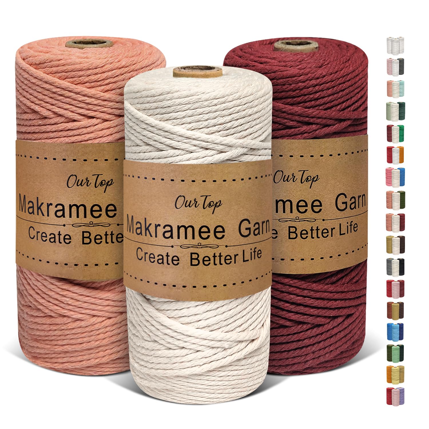 OurTop Premium Makramee Garn 3er Set, 3mm x 100m Macrame Cord Makramee Schnur Makramee Kordel, Garn für DIY Handwerk, Weben Dekoration, Hängepflanze Pflanze Aufhänger(Natur, Dunkelrosa, Burgunder)
