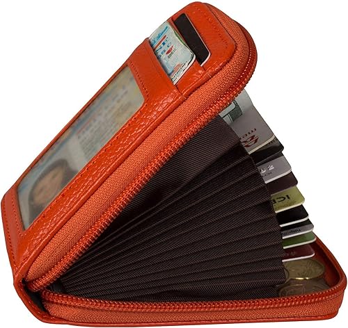 Miniatura 3 de Billetera con cierre de cuero genuino con tarjetero con bloqueador de señal RFID, S, Anaranjado