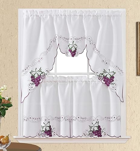 GOHD Sweet Harvest. Juego de 3 cortinas de cocina para cafetería. Bonito diseño de frutas bordadas con cortes. (juego de festón y niveles de 24