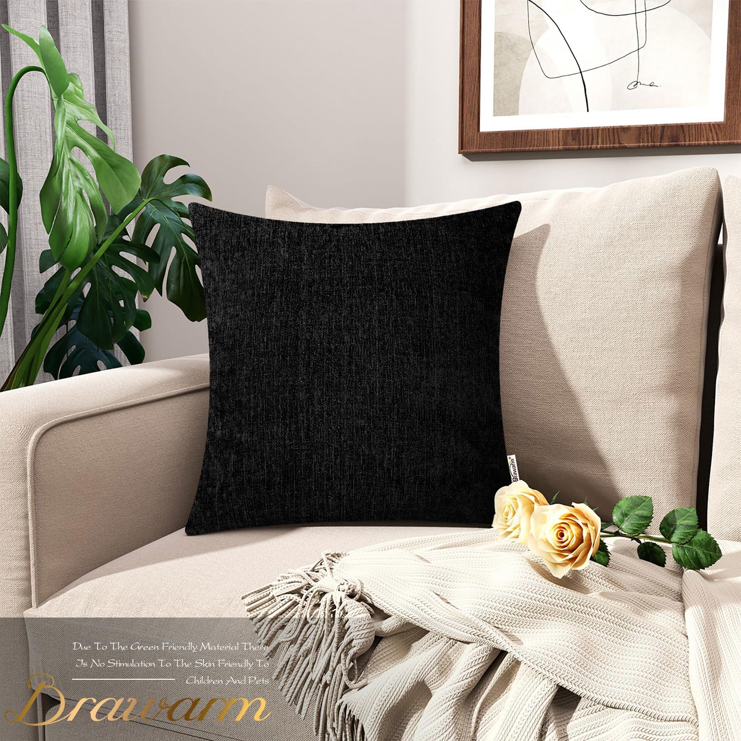 BRAWARM Throw Pillow Covers 20x20 Inches - Black Chenille Pillow Covers Pack of 2, Solid Dyed Soft Chenille Pillow Cases for Couch Sofa Bed Home Decoration - Image 2