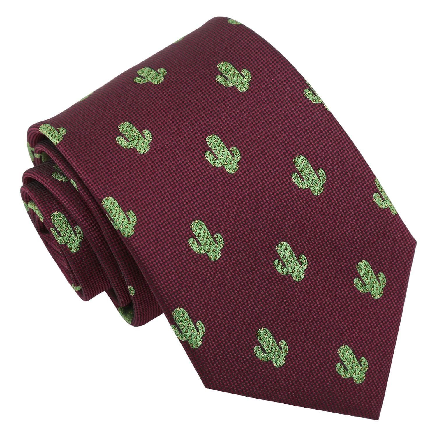 Dqt Men's Burgundy Cactus Embroidered Emoji Print Novelty Classic Tie