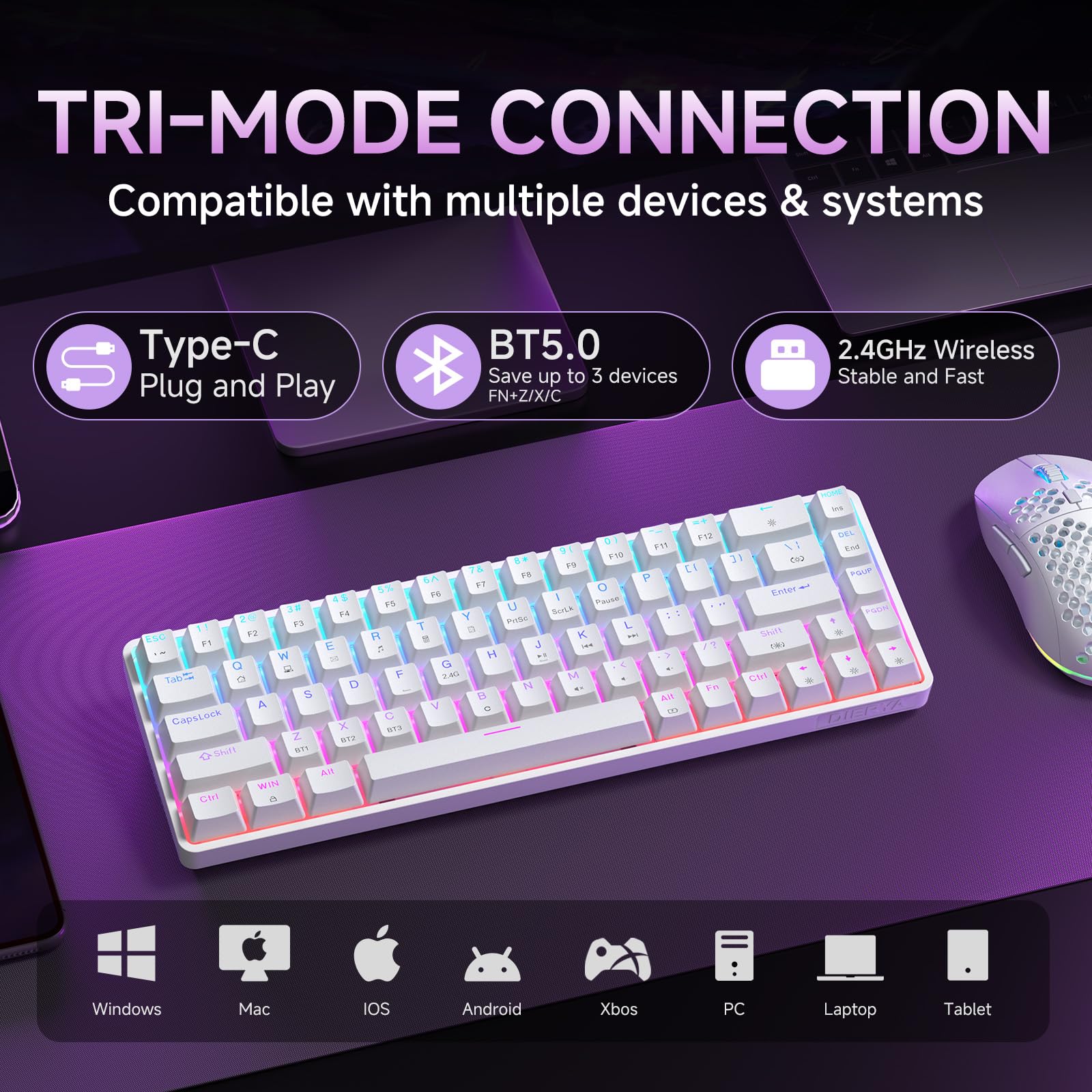 Dierya DK68 Teclado Mecánico Gaming Inalámbrico,60% Layout Compacto 68 Teclas con Triple Modo-Bluetooth/2.4G/Type-C,Red Switch Gamer Mechanical RGB Keyboard para PC/Win/Mac,QWERTY,Blanco