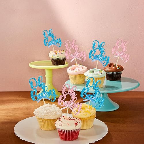 Vista 8 de Gyufise 36 piezas de decoraciones para cupcakes Oh Baby, arcoíris rosa y azul con purpurina, para baby shower, revelación de género, cupcakes