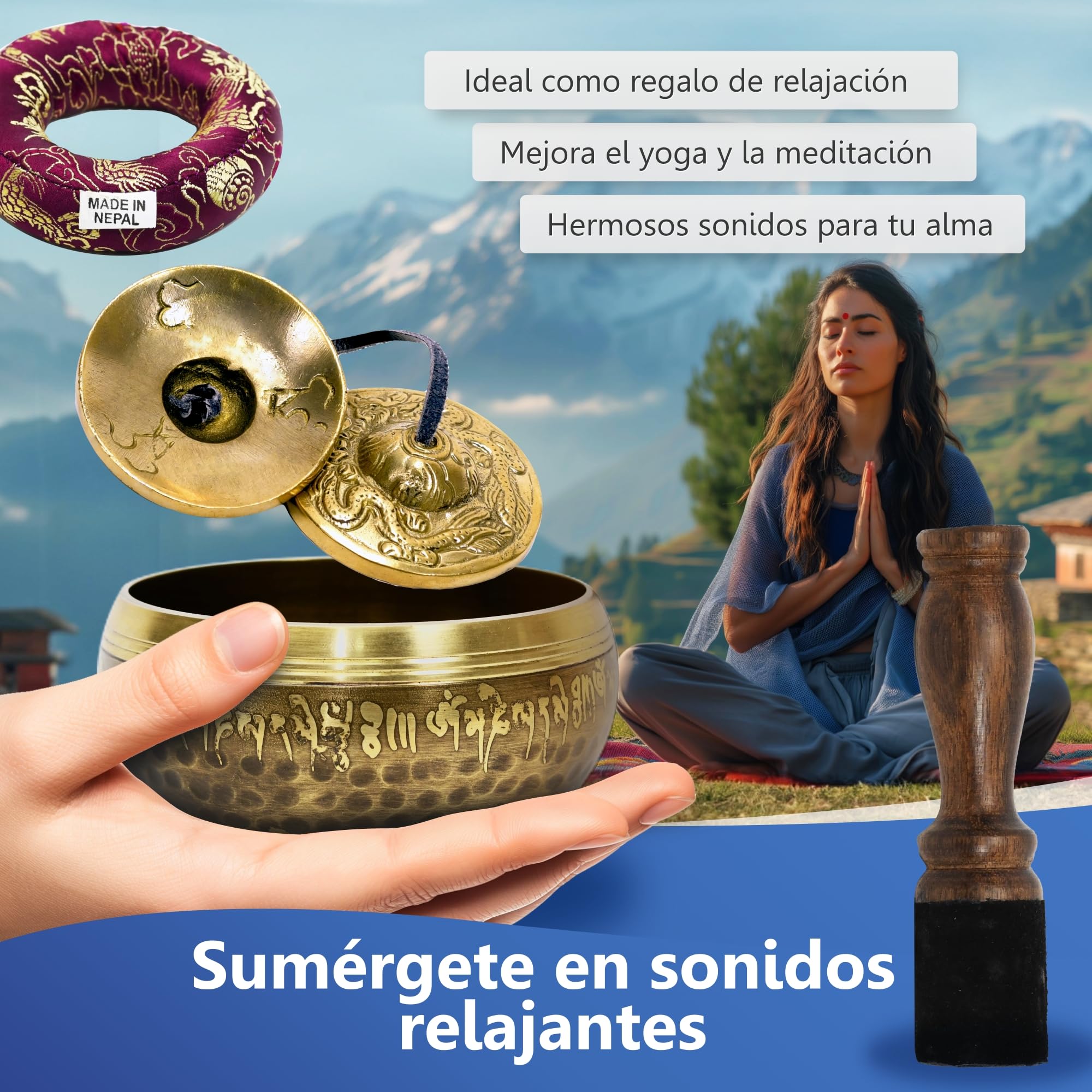 Set de Cuenco Tibetano Ø10 cm Martilleado a Mano – Campanas tibetanas Tingsha, Quemador e Incienso de Cuerda en Caja de Lokta – Accesorios de Meditación y yoga – Hecho a Mano en Nepal