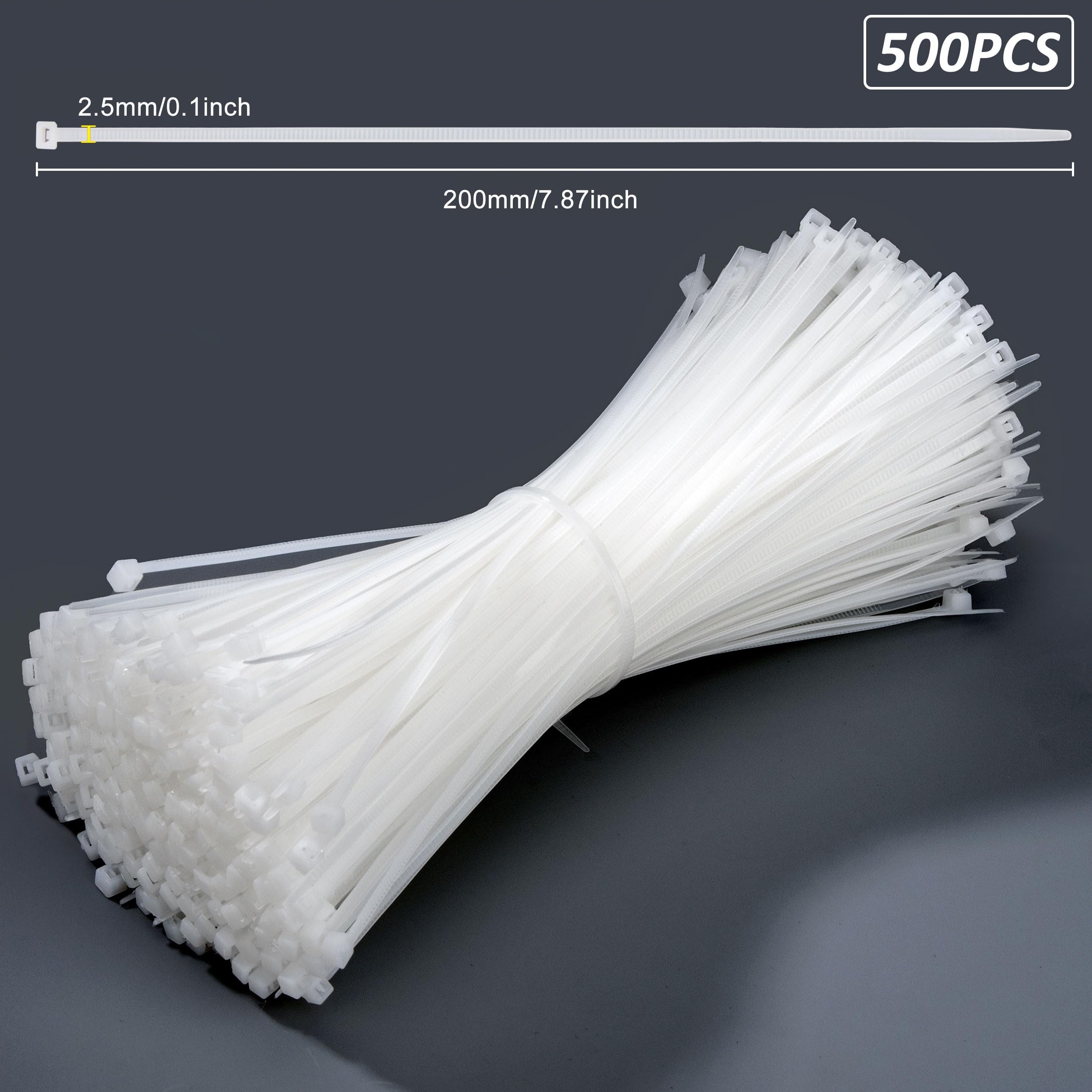 QIMEI-SHOP 500 Pezzi Fascette Plastica Bianche 200 mm x 2,5 mm Fascette Elettricista Lunghe Cavi Nylon per Cablaggio Cable Management Giardinaggio