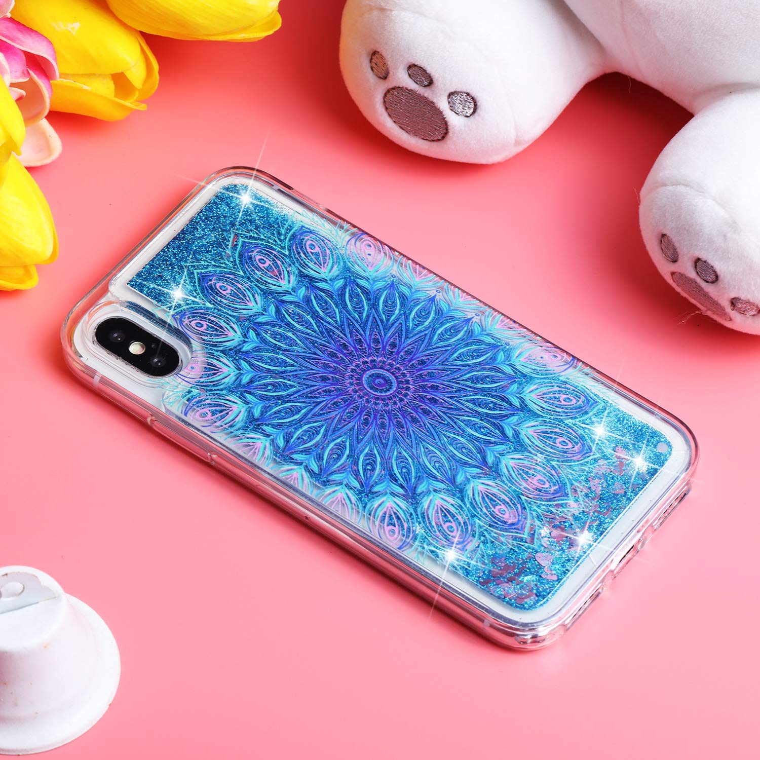 Uposao Compatibile con Samsung Galaxy A70 Custodia Lucida Brillantini Strass Diamanti Anello per Cellulare Supporto Stand Custodia in Marmo Opaco Sottile Cover in Silicone,Bianco Rosa