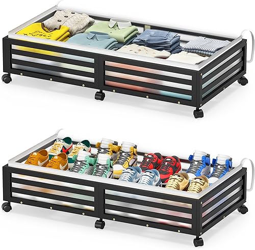 Almacenamiento debajo de la cama con ruedas, contenedores grandes de bambú para debajo de la cama con bolsa grande para el polvo, apilables debajo