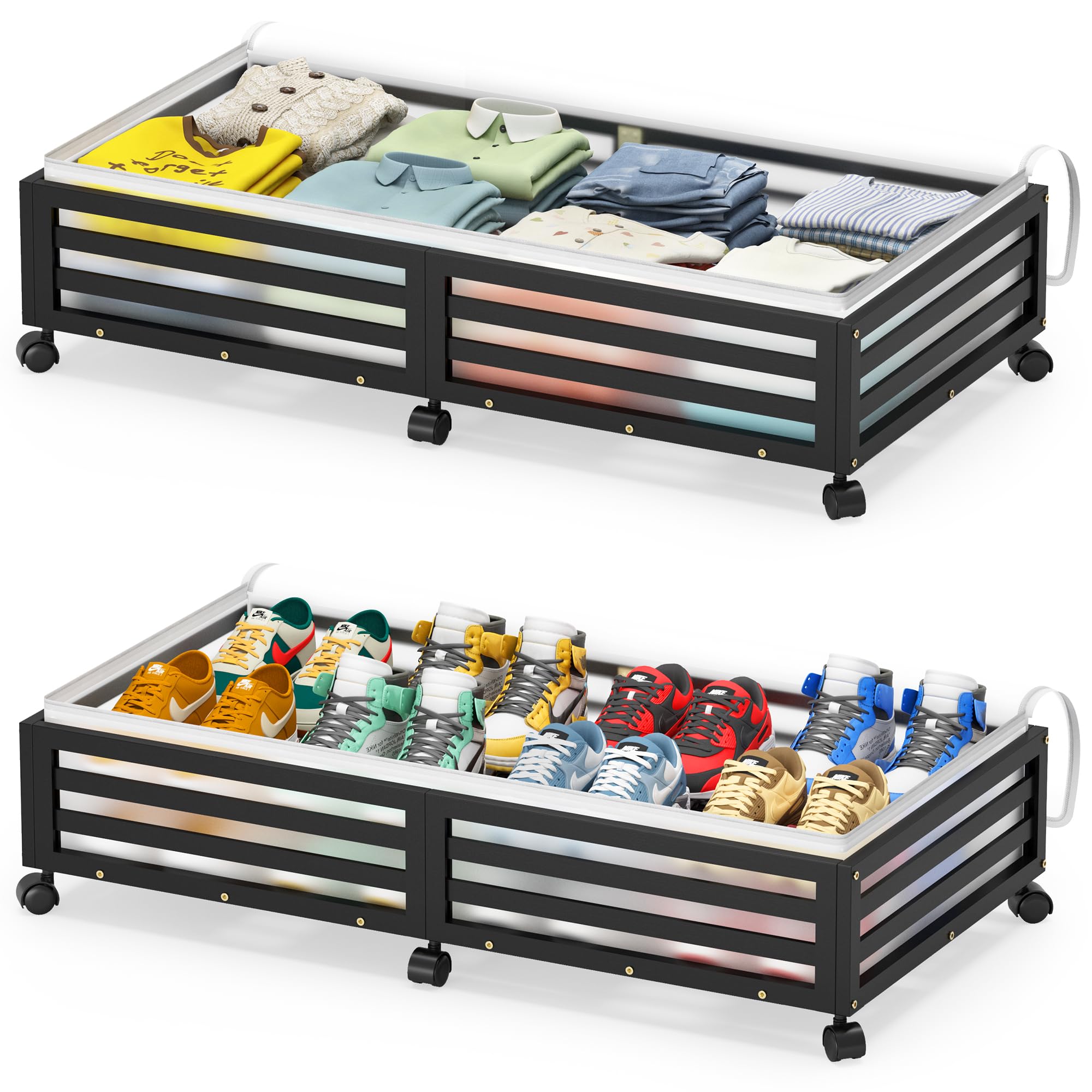 Xadgve 2 Packs Black Under Bed Storage With Wheels - Large Bamboo Underbed Containers With Dust Bag - Stackable Under Bed Shoe Storage Bins For Clothes, Books, Bedding And Toys - Space Saving