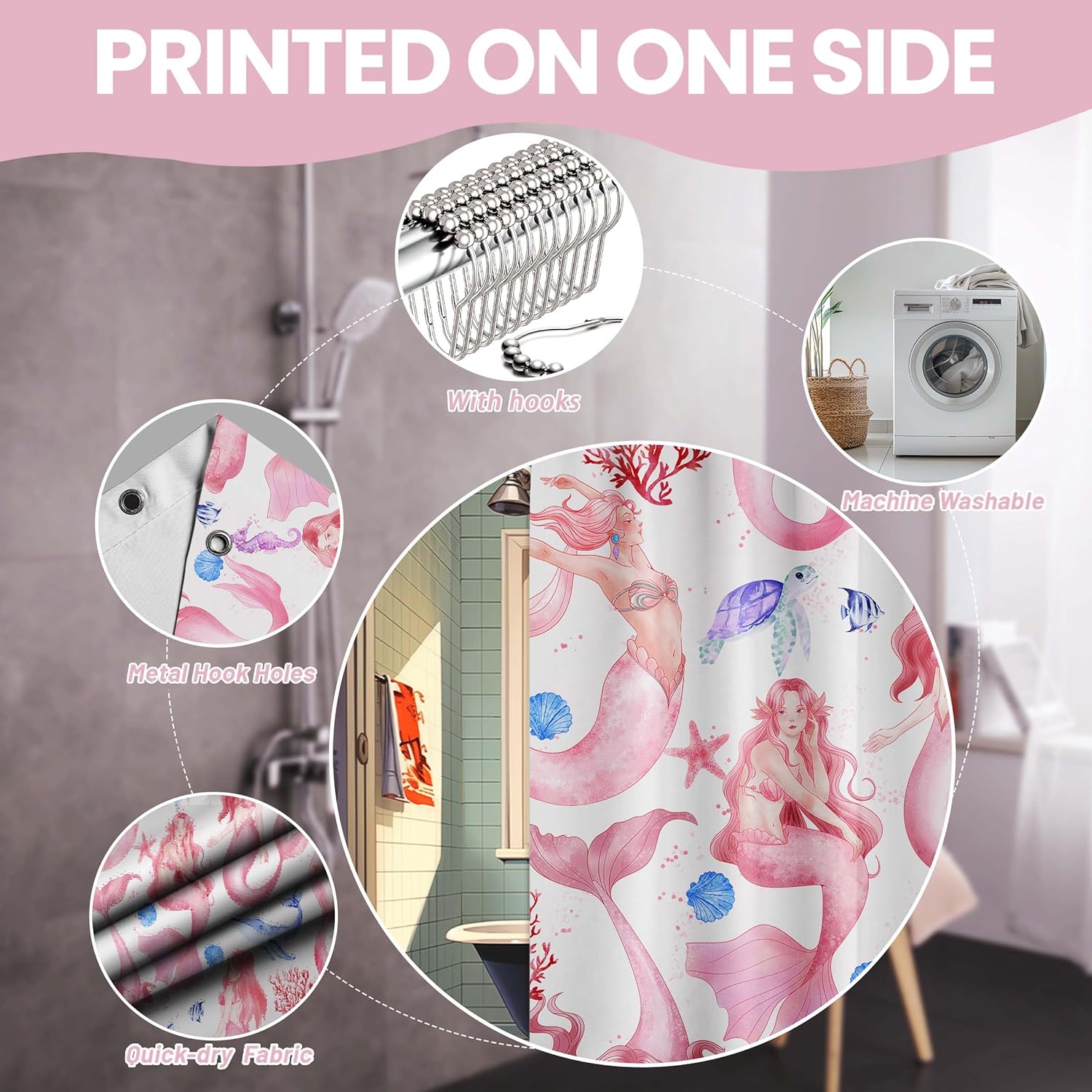 Mermaid Shower Curtain Pink Ocean Girls Shower Curtains for Girly Preppy Bathroom Decor Sets, Waterproof Cloth Fabric with Hooks, 70x72 Inch