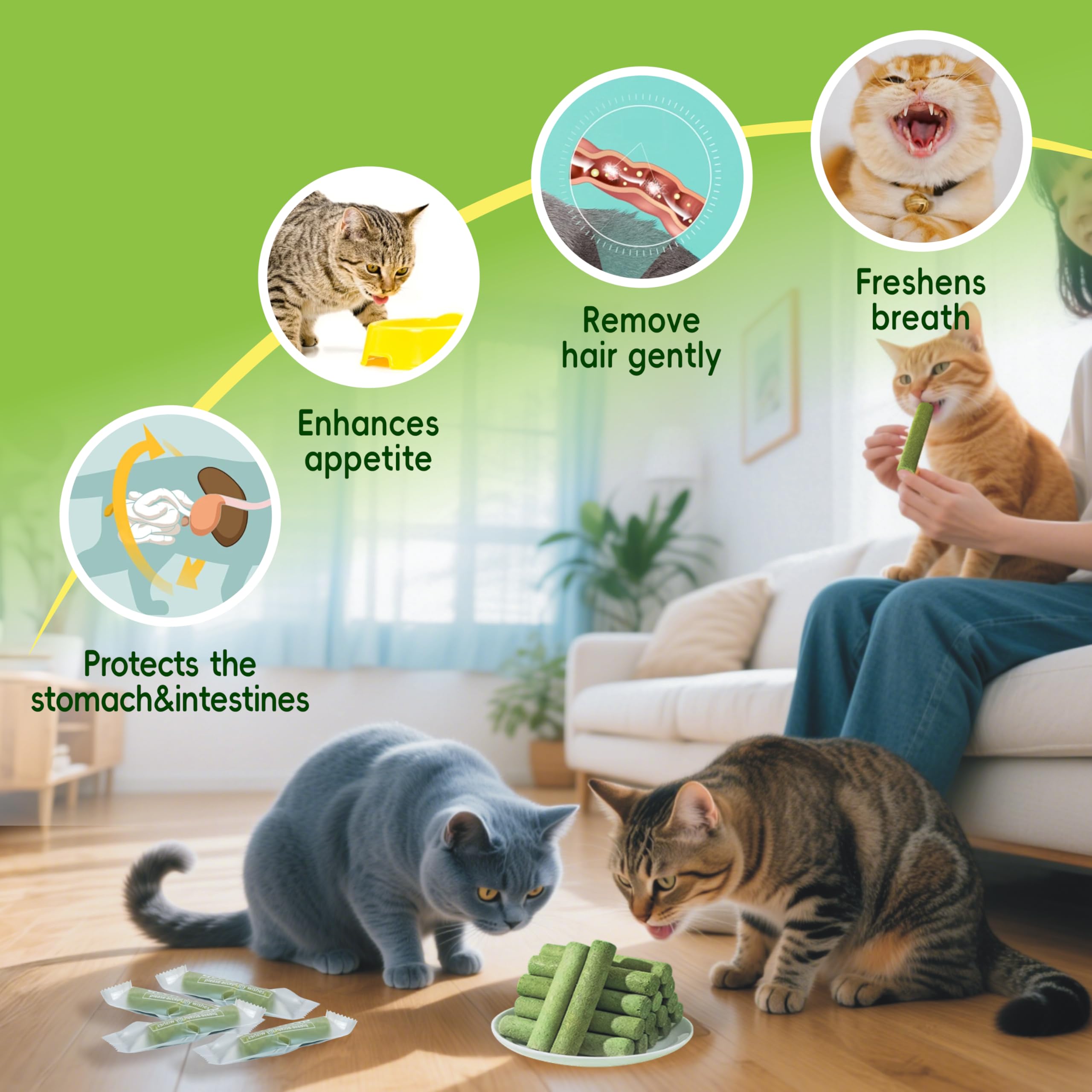 Cat Grass Sticks(125g/4.41oz) | Cat Dental Sticks for for Hairball Remedy and 60% Plaque Reduction | Natural Cat Grass Teeth Cleaning Chews for Indoor Cats | with Free Salmon Oil & Catnip Spray