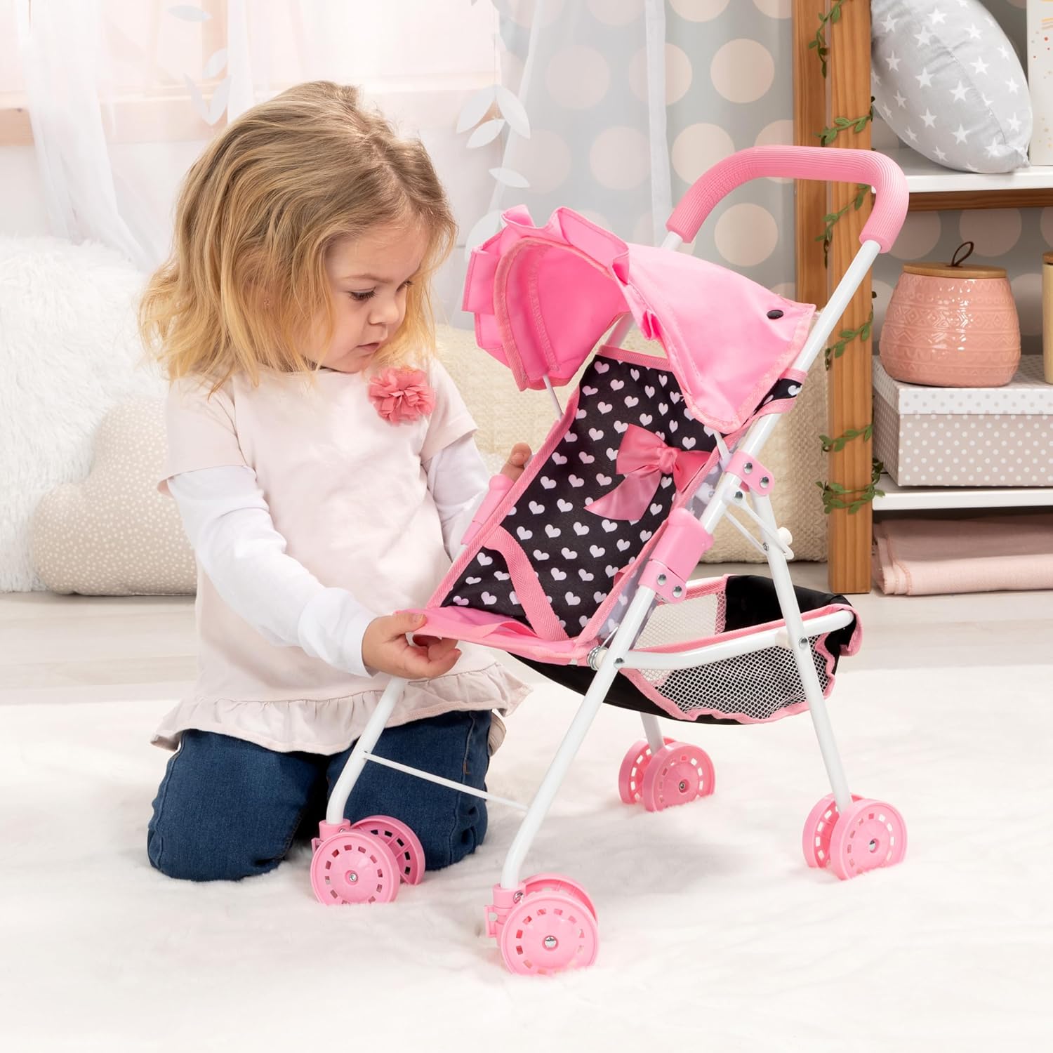 Bayer: Buggy Doll Stroller Set - Black, Pink, Hearts - Stroller w/Matching Shoulder Bag, Changing Mat & Feeding Accessories
