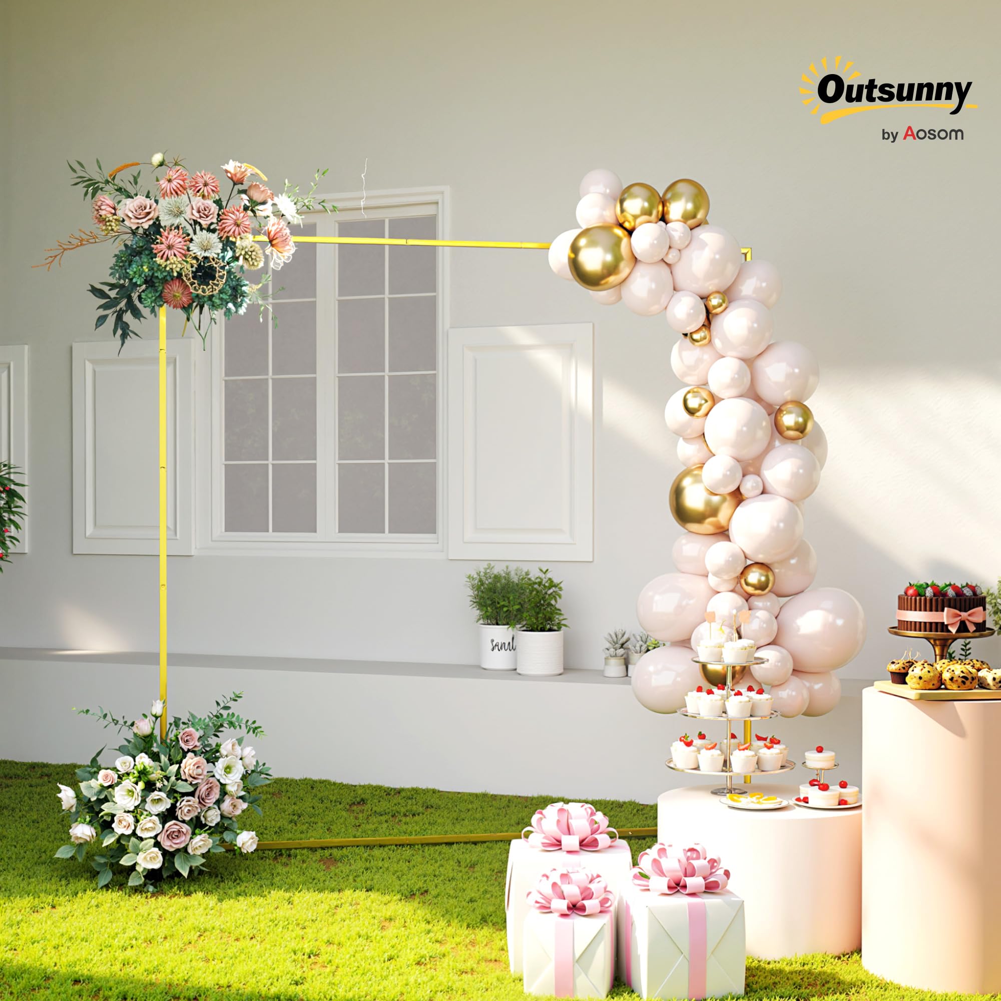 Outsunny Arco de Jardín para Rosas de Metal, 200x200 cm, Arco de Boda Cuadrado con Estacas en Forma de U, Resistente a la Intemperie, para Plantas Trepadoras, para Decoración Patio Terraza, Dorado