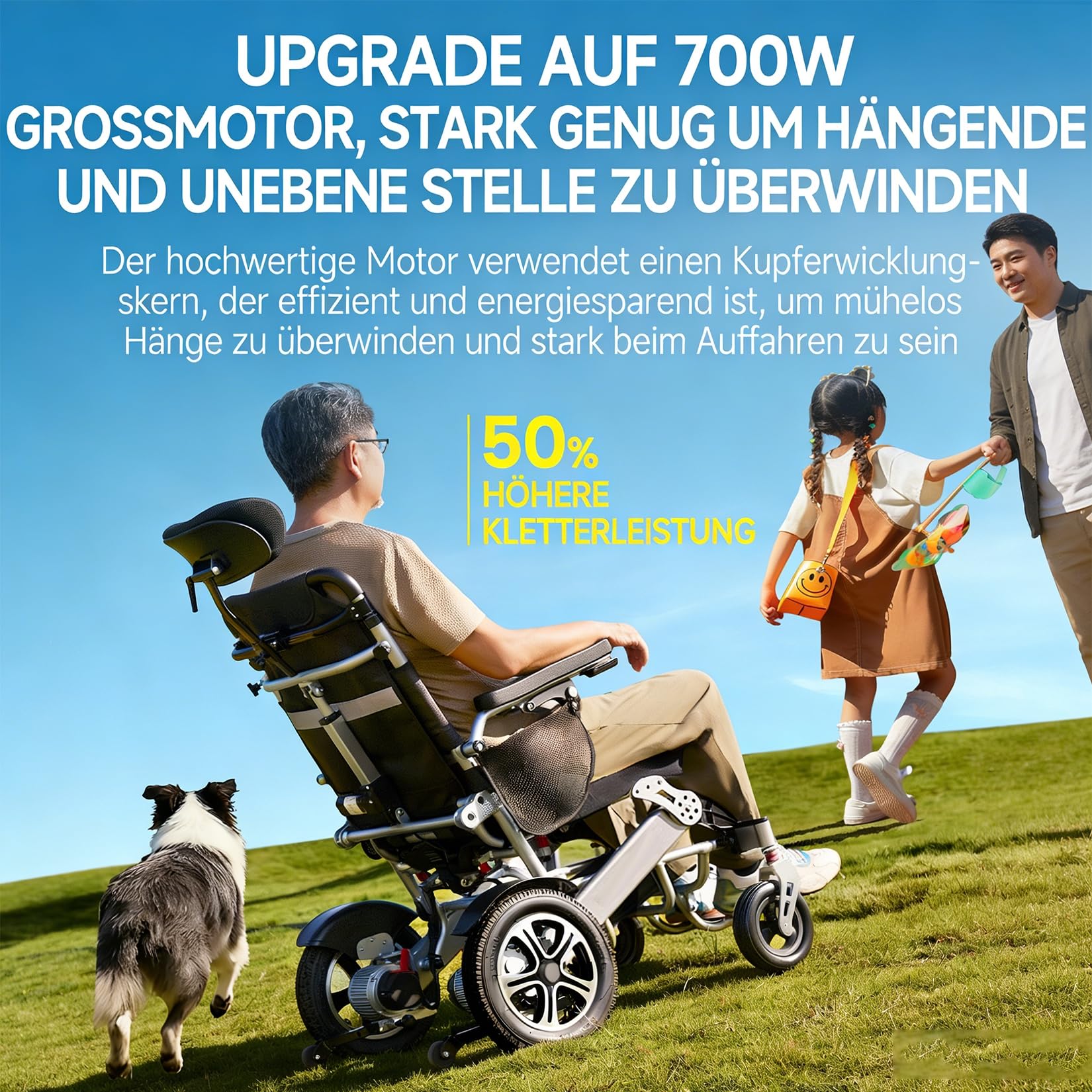 Elektrorollstuhl faltbar, 700W Motor – Reise-Rollstuhl mit manuell verstellbarer Rückenlehne, Fernbedienung, Reichweite 20/30/45/55 km, 26 kg, Sitzbreite 43 cm, bis 150 kg,30ah