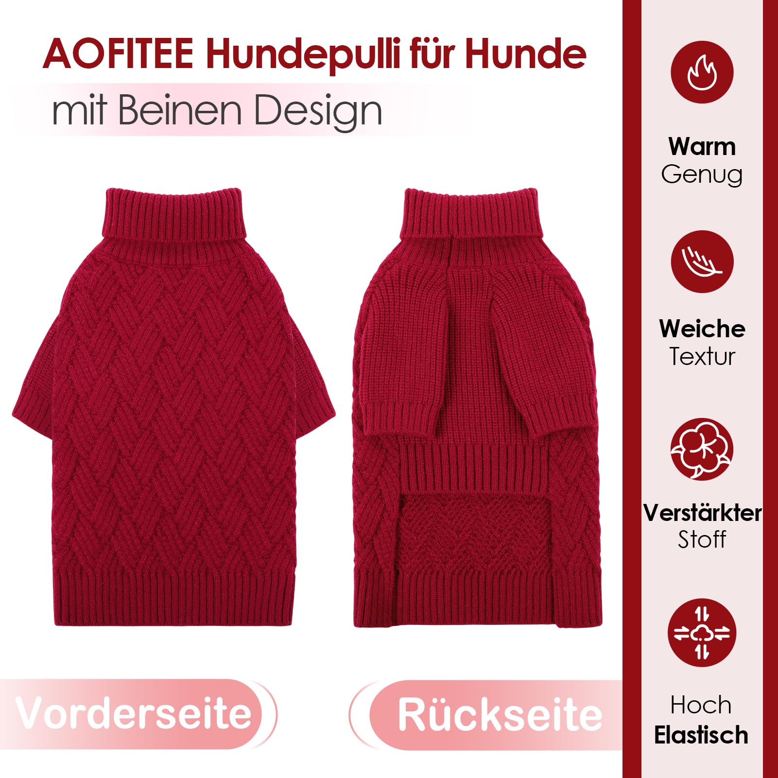 AOFITEE Hundepullover Mittelgroße Hunde, Warm Weihnachts Hundepullover Rollkragen Strick Rot Hunde Pullover Christmas Sweater, Winter Hundebekleidung Pullover für Französische Bulldogge, Malteser