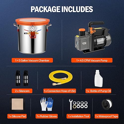 Miniatura 9 de Cámara de vacío de 5 galones con bomba, kit de cámara de desgasificación de acero inoxidable 304 con bomba de vacío de 4.5 CFM 13 HP, para