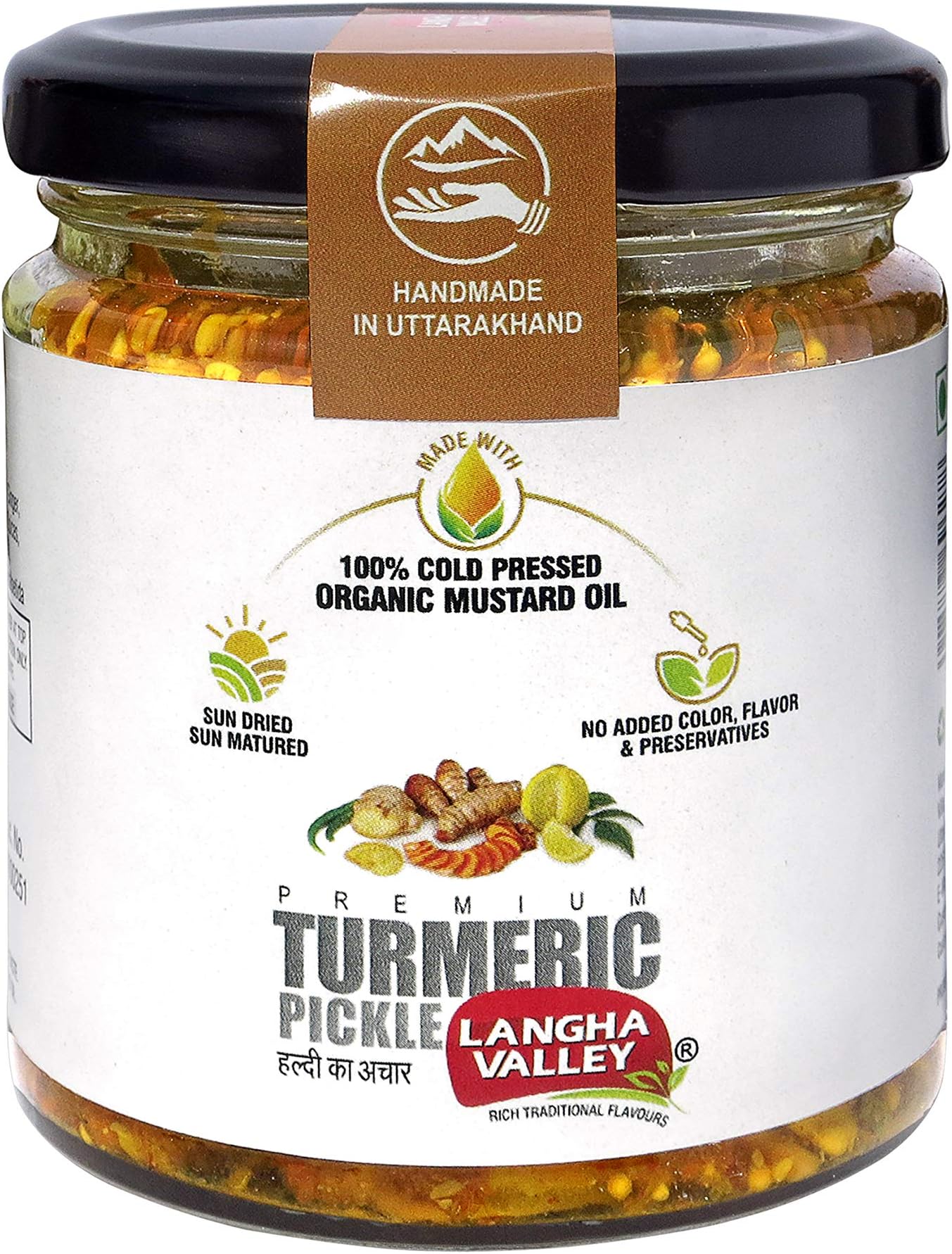 LANGHA VALLEY Homemade Raw Turmeric Pickle (Haldi Ka Achar) - Handmade in Organic Mustard Oil, Preservative-Free, No Added Colors or Flavors, Sun-Dried & Sun-Matured, Glass Jar with Wooden Spoon, 180 Grams