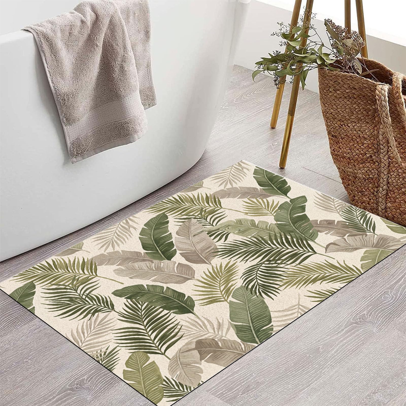 Zerbino Trappola Sporco Foglie Tropicali Retrò, 90X150Cm, Tappetino Antiscivolo Lavabile Eleganti Piante Da Campagna, Zerbino Interno Morbide Assorbenti Per Corridoio Ingresso Porta, Beige
