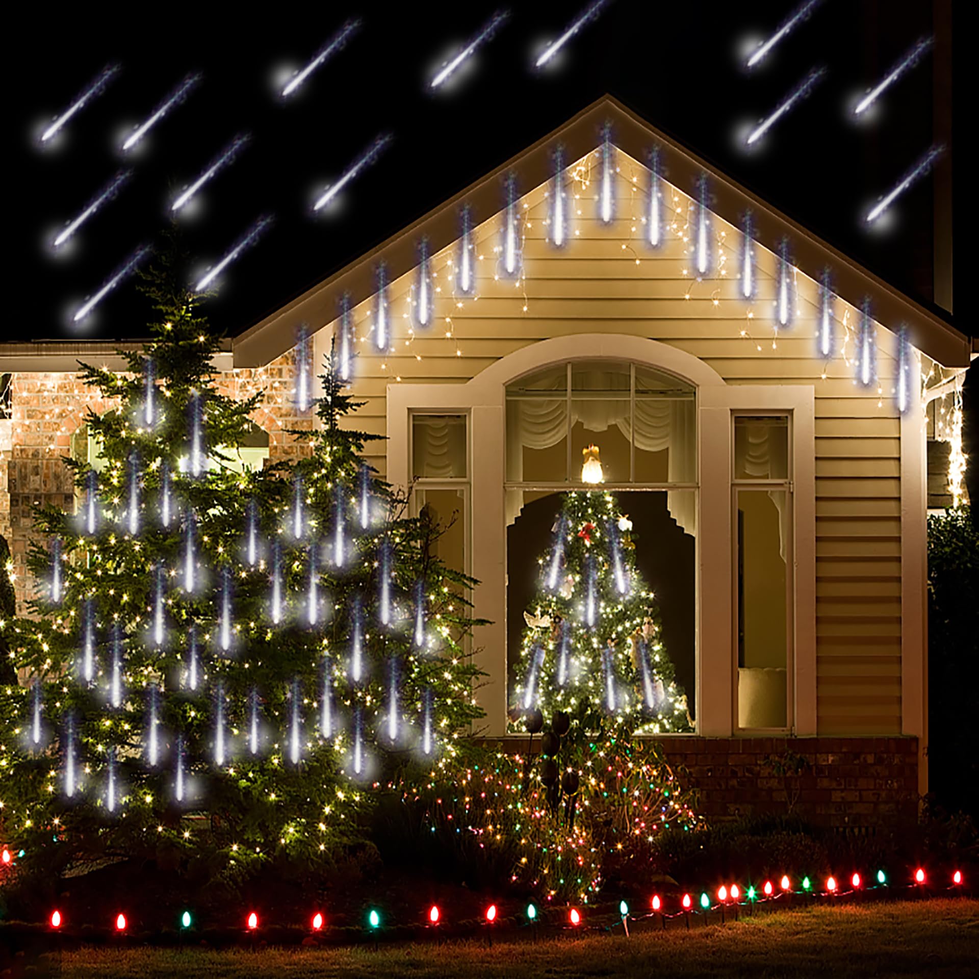 Kwaiffeo Luces navideñas para exteriores, 20 tubos de lluvia de meteoritos, impermeable, luces de lluvia para Navidad, Halloween, árbol de Navidad, boda, ventana, decoración de Navidad, exterior