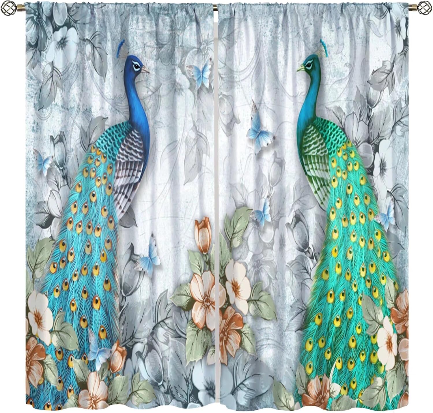 Peacock Flower Butterfly Curtain,Beautiful Green Feather Peacock Floral Art Pattern Rod Pocket Blackout Window Drapes for Bedroom Living Room Kitchen Cafe 42" W X 45" L