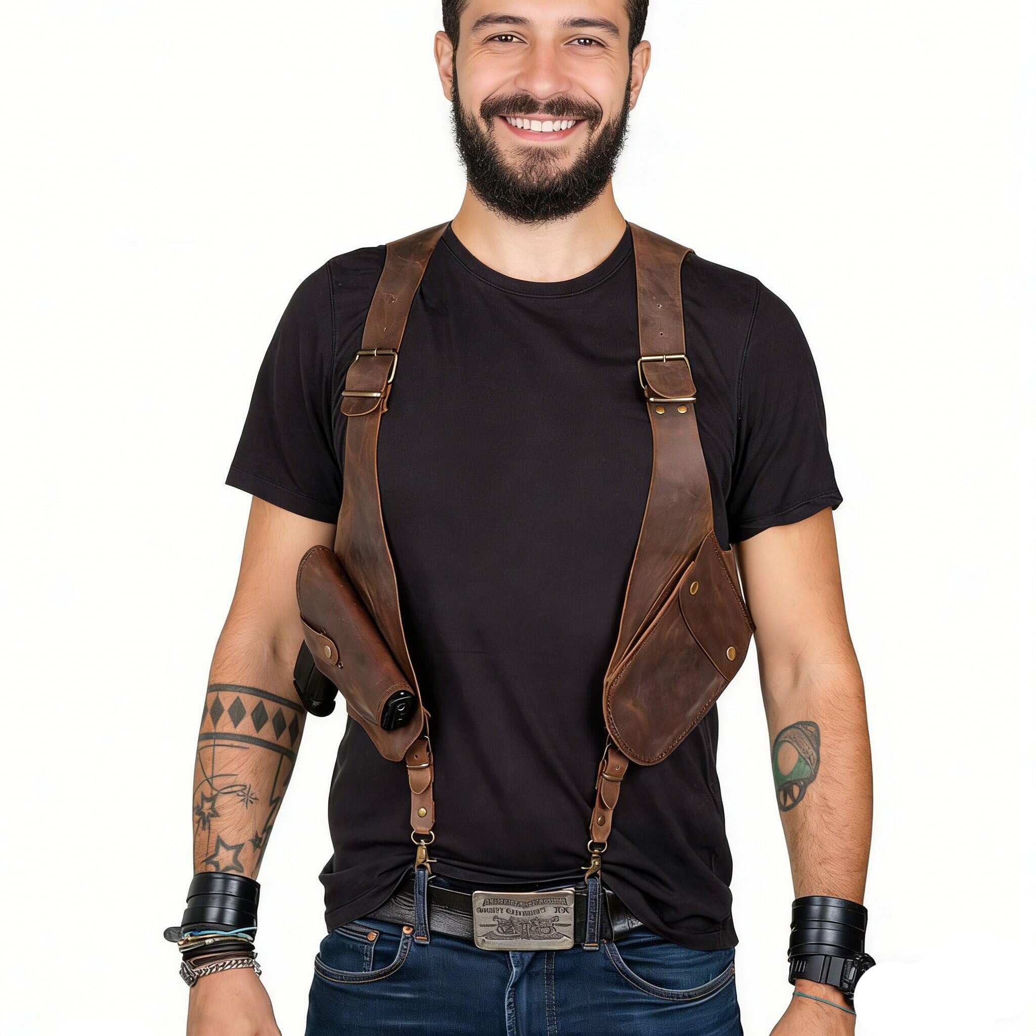 1911 Leather Shoulder Holster Shoulder Holster General Vertical Gun Holster Adjustable PU Leather for Concealed Carry with Double Pouch
