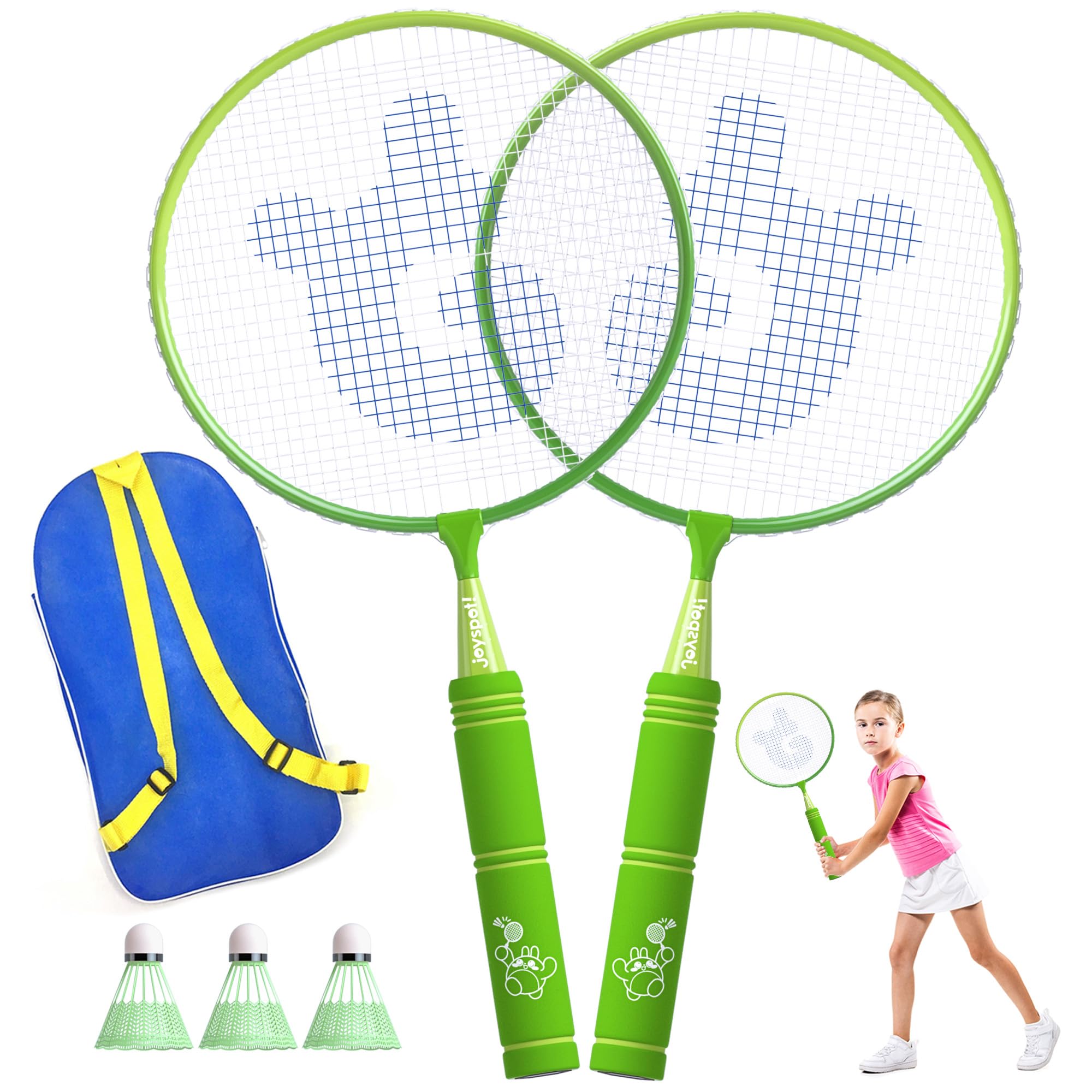 JOY SPOT! Kids Badminton Rackets Set with Soft Grip, Oversize & Lightweight Shuttlecocks Racquet with Carry Bag for Children Youth, 2 Player Sport Game for Indoor Outdoor Backyard