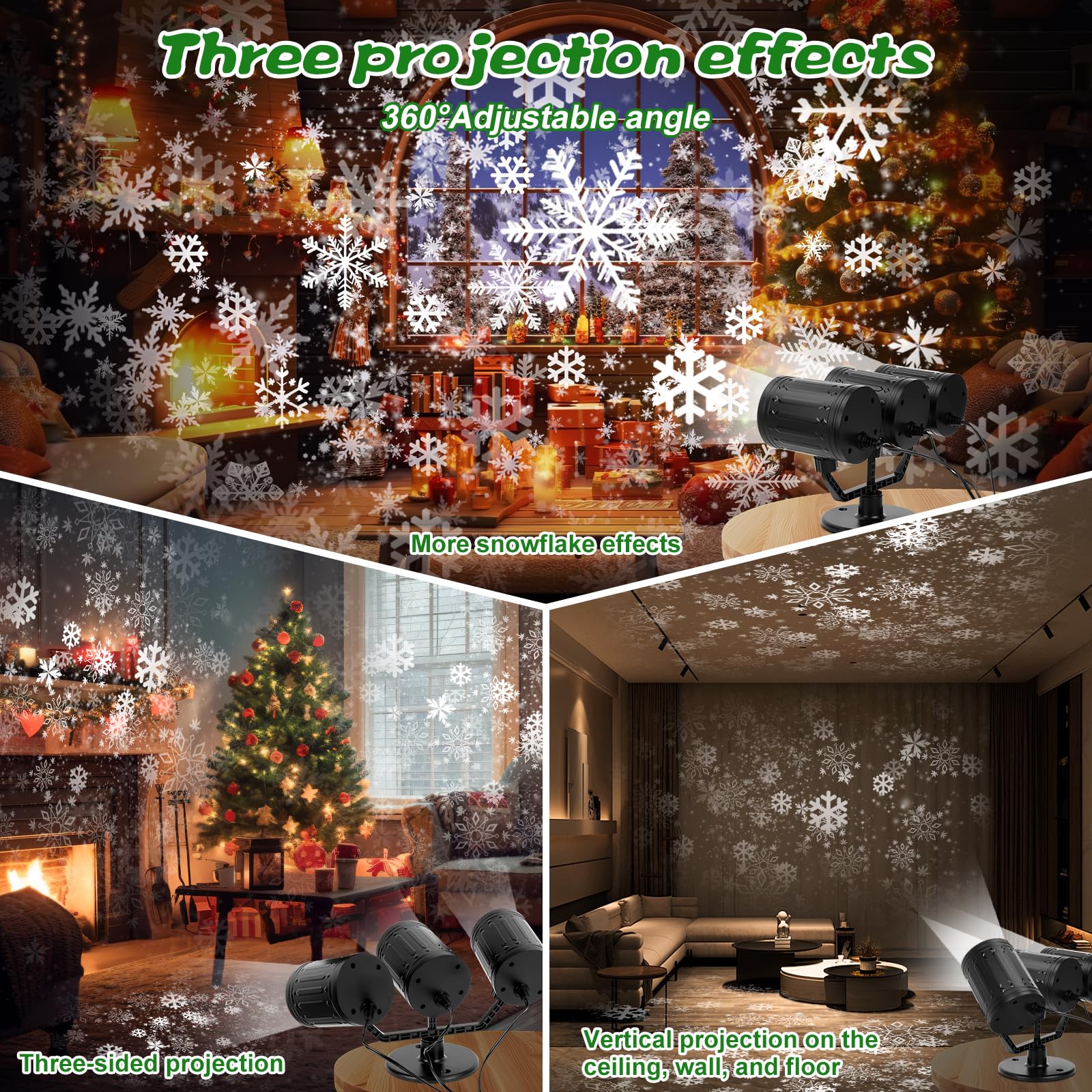 Charmofun Proiettore Natale Esterno, tre teste dinamica LED fiocchi di neve proiettore con Timer, Impermeabile Illuminazione natalizia Decorazioni esterna per giardino finestra parete (Snow)