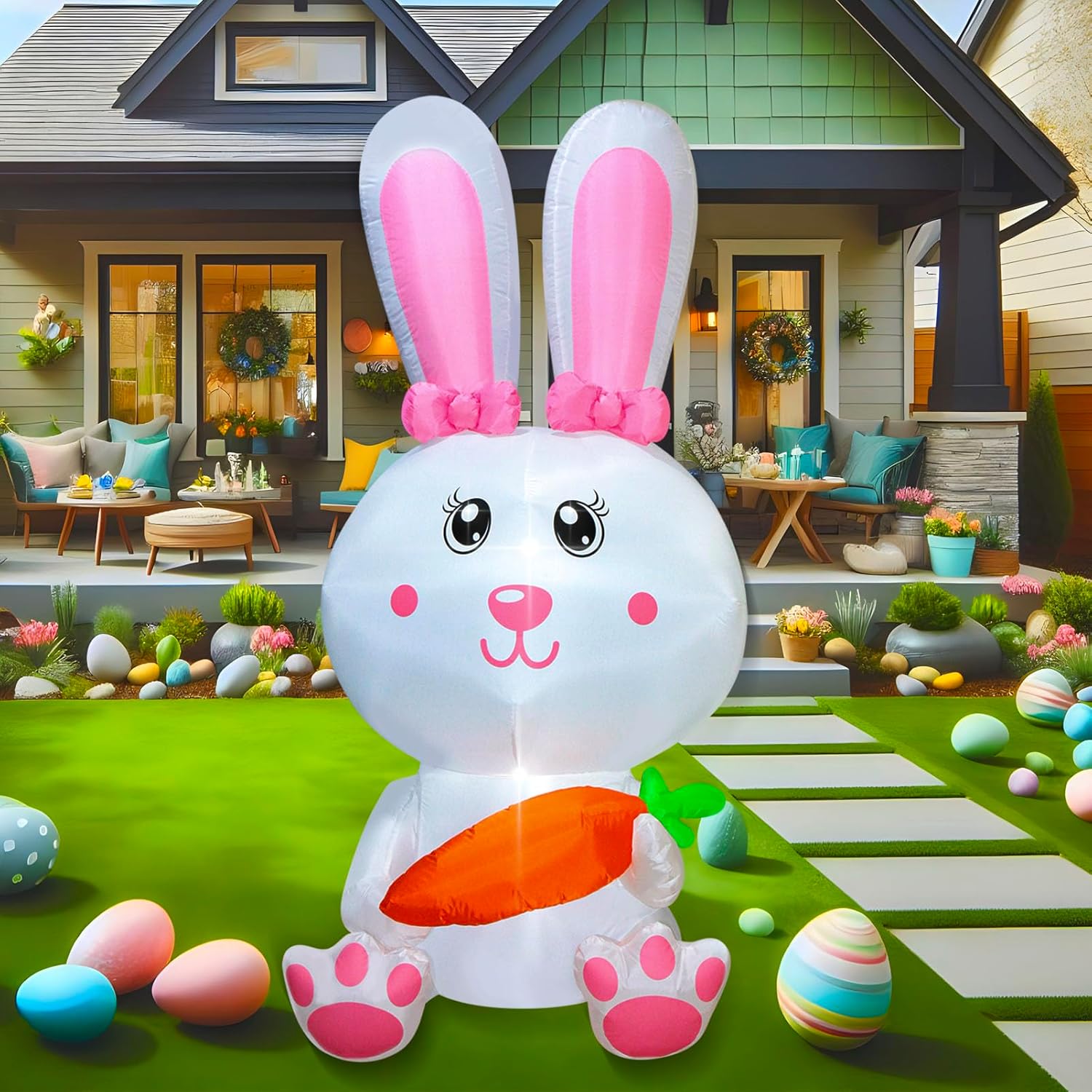 Easter Inflatable Bunny Holds Carrot Happy Easter Blow up Outdoor Decoration with LED Lights, Yard Garden Lawn Outdoor Decoration Front Door Holiday Decor (6 FT White Bunny)