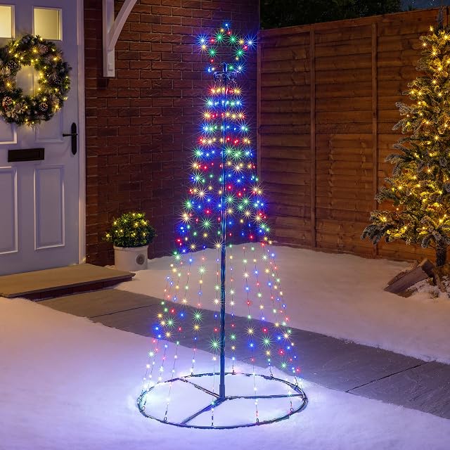 CHRISTOW Maypole Christmas Tree, Light Up Outdoor Decoration, Flashing Multi Coloured Micro LED Pyramid Light, Mains Operated (1.4m)