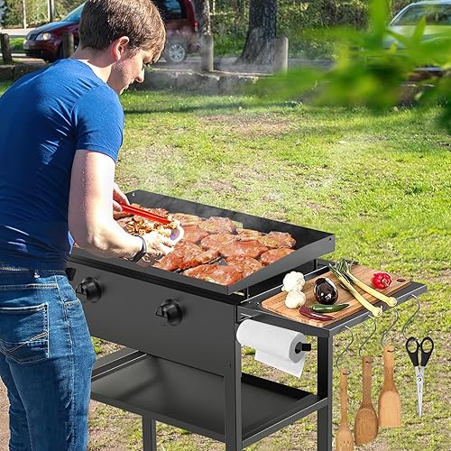Vista 6 de Estante lateral plegable para parrillas Blackstone de 28 pulgadas, mesa auxiliar grande con soporte para toallas de papel, 4 ganchos