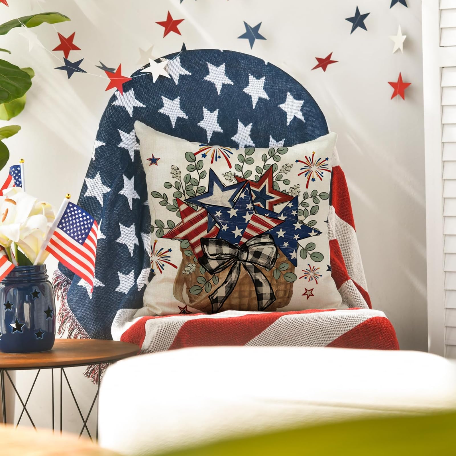 Fundas De Almohada Del 4 De Julio 16x16 Pulgadas Juego De 2 Día De Los Caídos Día De La Independencia Rayas Azules Estrella Roja Decoración Almohadas Decorativas Bandera Americana USA Patrióticas
