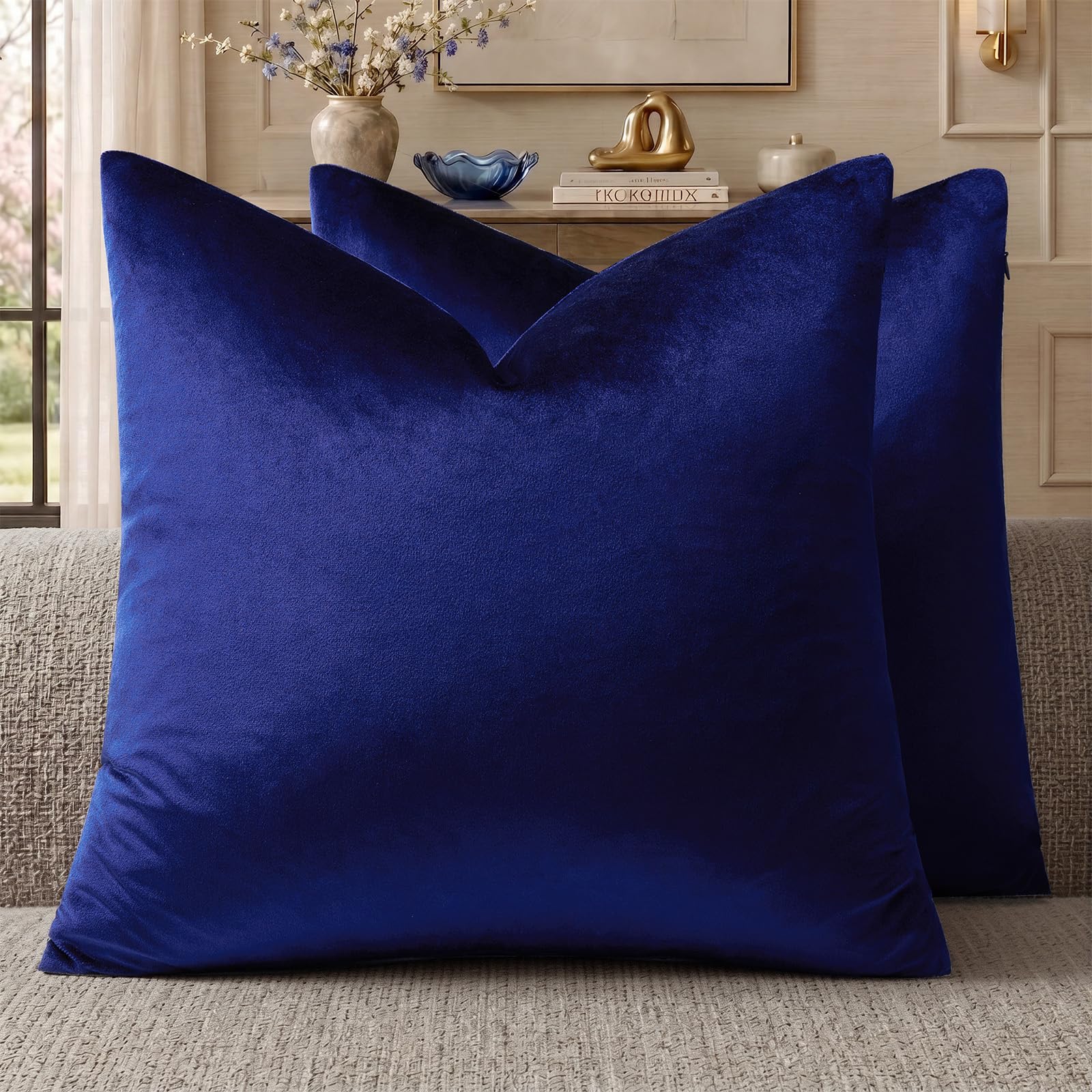 GIGIZAZA Blue Decorative Throw Pillow Covers, 20x20 Velvet Square Solid Couch Pillows for Bedroom Set of 2 Modern Home Decor Super Soft Cushion Pillowcases โ image 1
