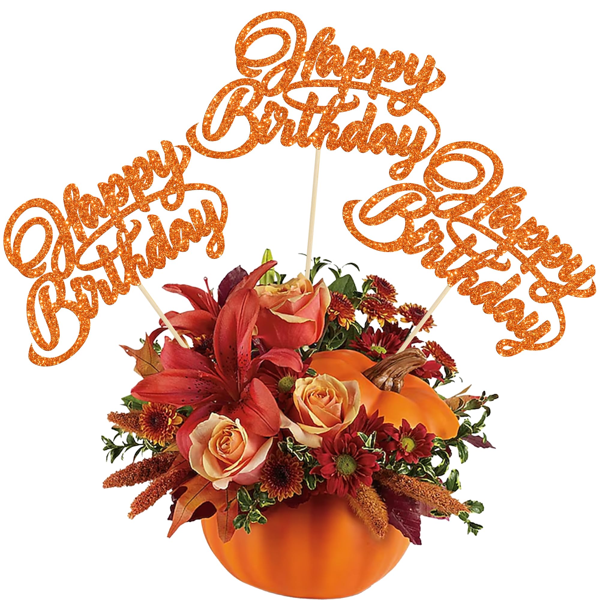 Ephlyn 12Pcs Happy Birthday Centerpiece Sticks Birthday Party Decorations Double Sided Glitter Table Toppers Decorations for Halloween Baby Shower Anniversary Party Decors Favors Orange