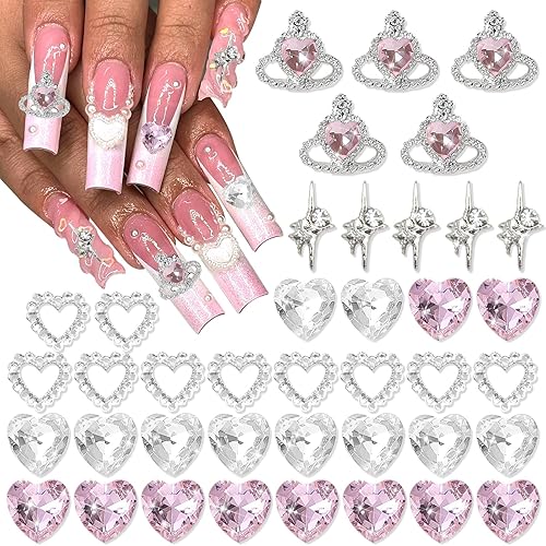 RODAKY 40 dijes de uñas rosas 3D con forma de corazón para el día de San Valentín, plata con luz de estrella, decoraciones de uñas brillantes,