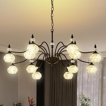 41" Vintage Crystal Chandelier - 12-Light Antique Victorian Pendant Light with Crystal Glass Shades, Modern Farmhouse Hanging Light Fixtures for Kitchen Island Living Room Office 41in