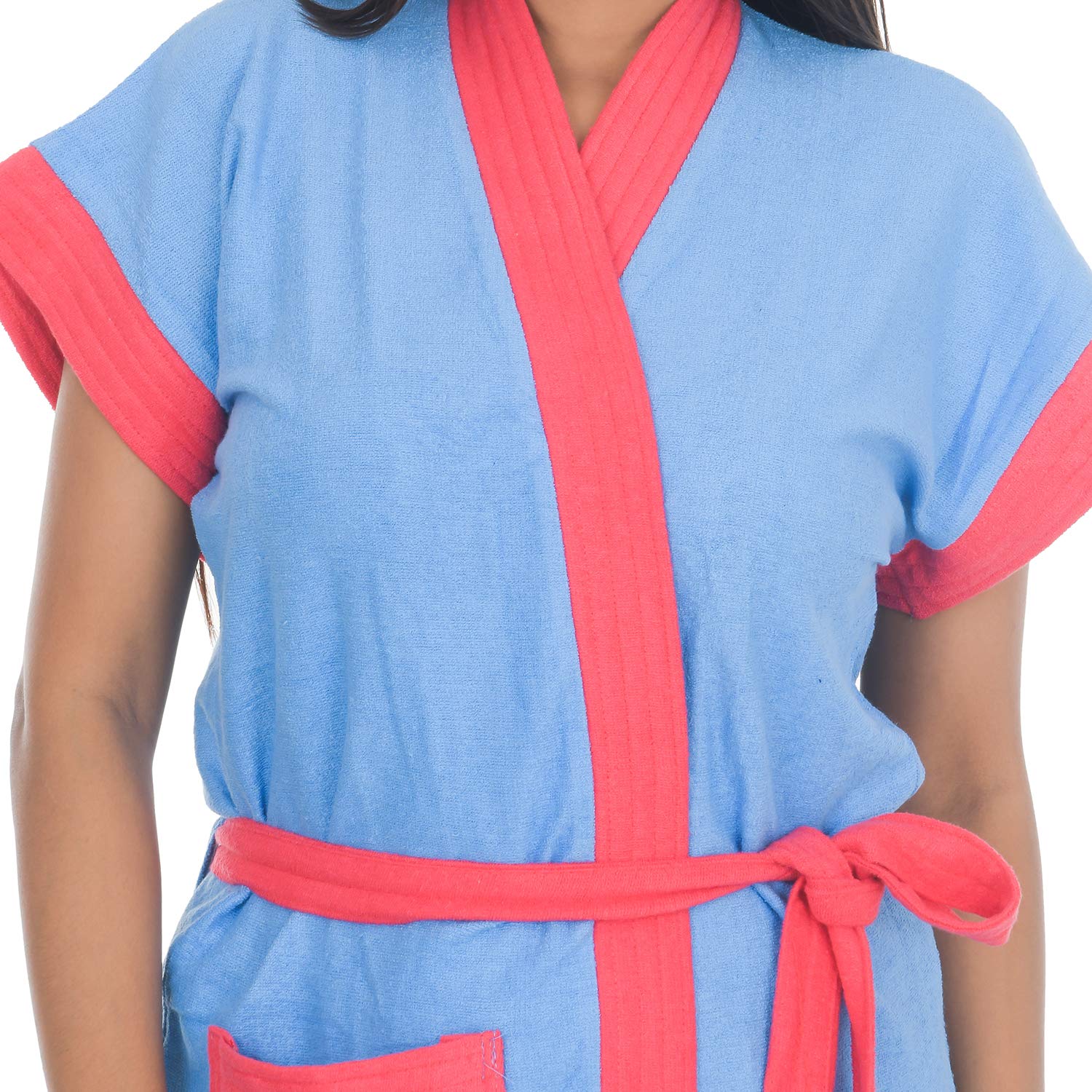 Poorak Dark Collection Red Strip Light Blue Color Half Sleeves Soft Terry Cotton Bathrobe for Women - Free Size Upto 42 Inches 3