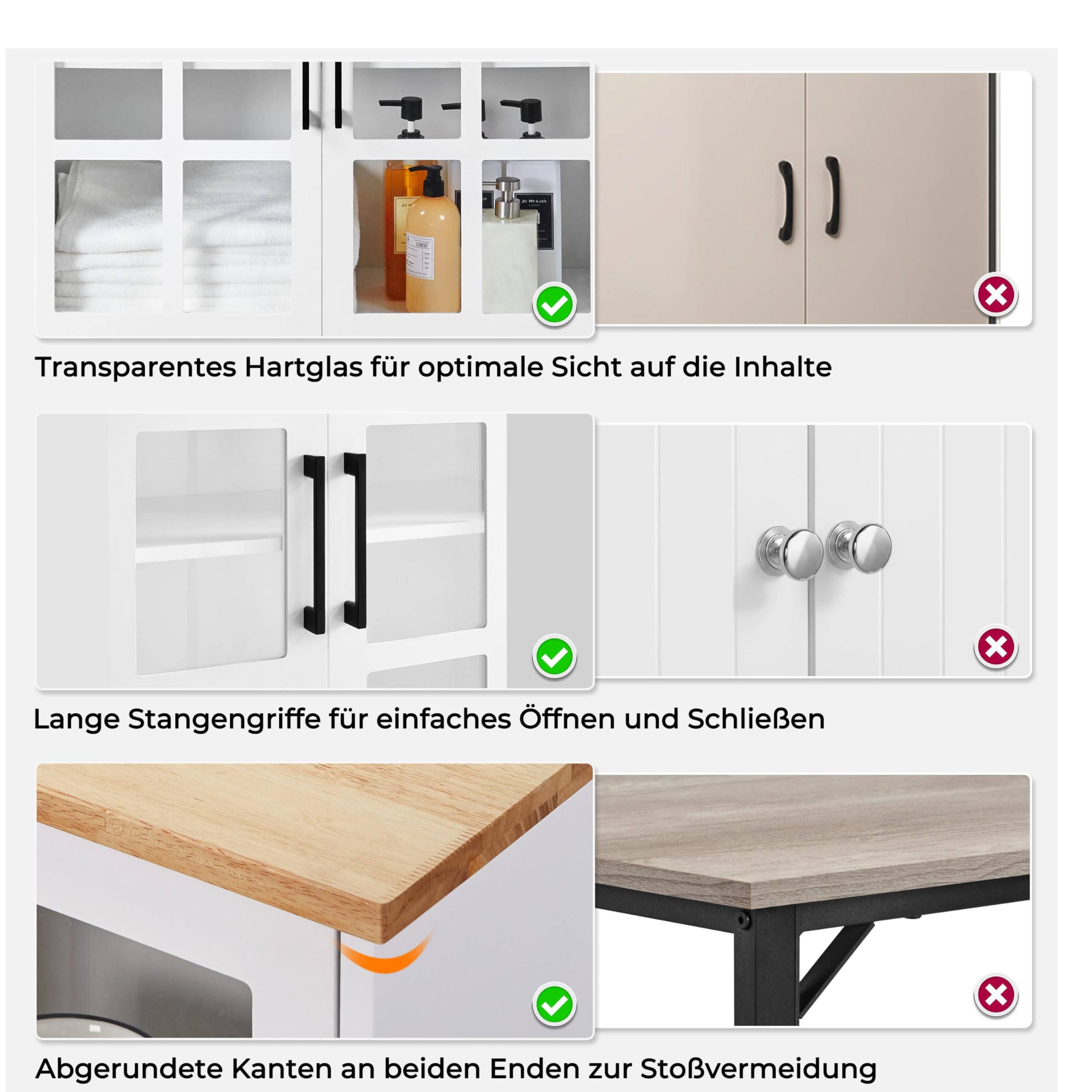 Yaheetech Küchenschrank, Hochschrank mit Schrank, Mehrzweckschrank mit verstellbaren Einlegeböden, Vorratsschrank mit Glastüren, Geschirrschrank mit Offenen Ablagefächer, Weiß