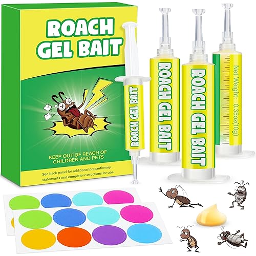 Paquete de 12 cebo de gel para cucarachas para uso en interiores, gel asesino de cucarachas con calcomanías de fácil colocación, fórmula de larga