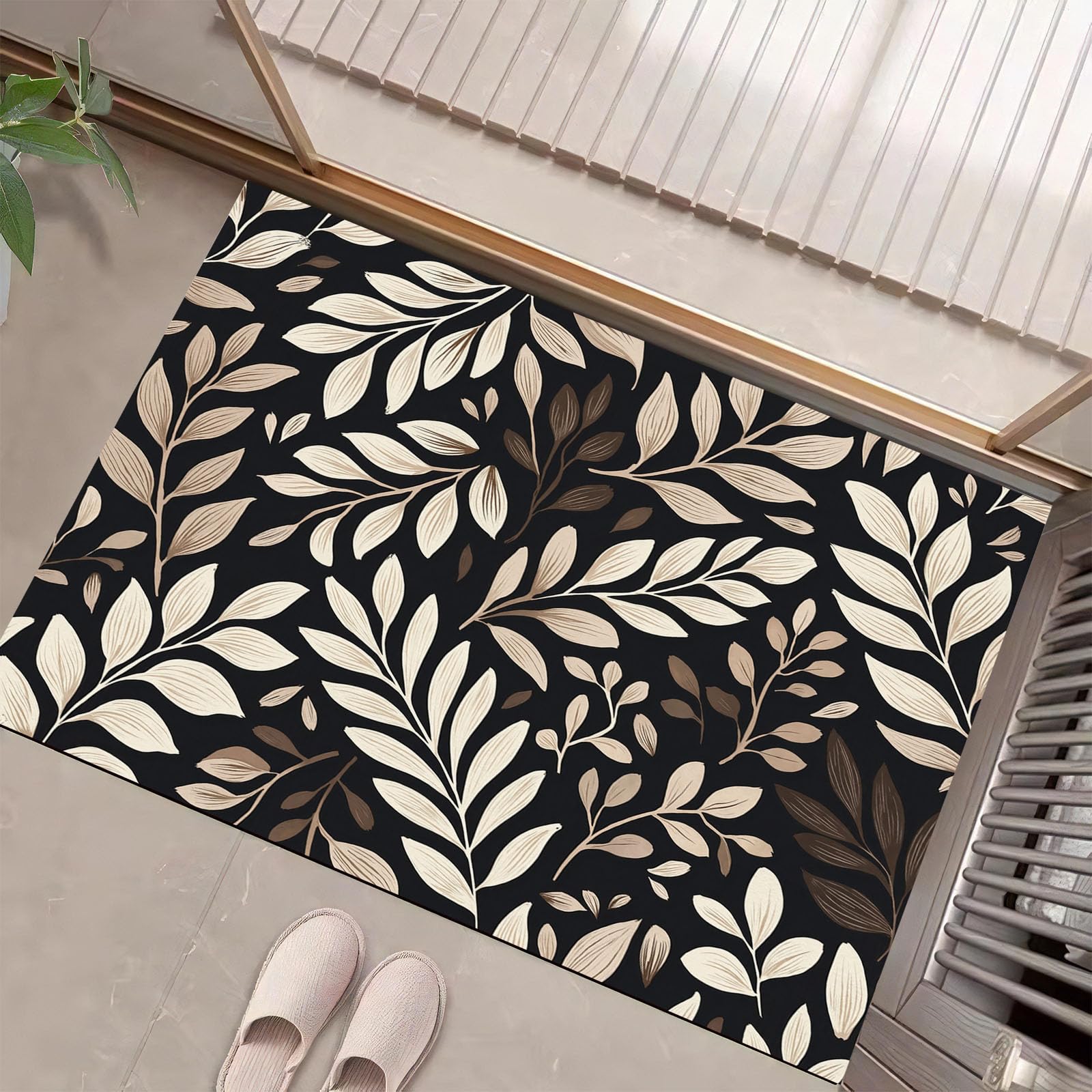 Tapis de sol antidérapant résistant aux salissures motif feuilles pour couloir et salon
