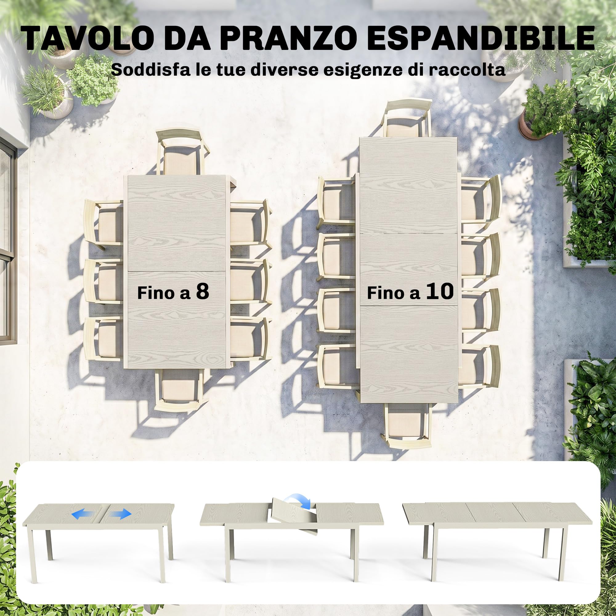 Outsunny Tavolo da Giardino Allungabile per 8-10 Persone, Piano Effetto Legno in Alluminio, Tavolo da Pranzo Estensibile per Esterno con Gambe in Acciaio, 154/214x85cm, Grigio Argento