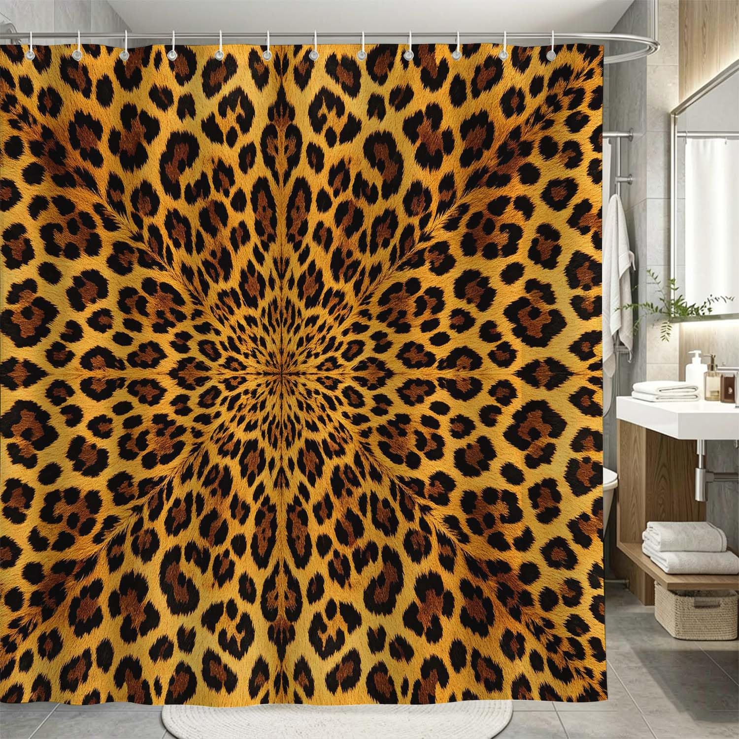Rideau de Douche Anti Moisissure Imprimé Léopard, Rideau de Bain Mode 3D Rideaux de Douche en Polyester, Imperméable, Lavable en Machine, avec Crochets, 300 x 200 cm 1771-YLP