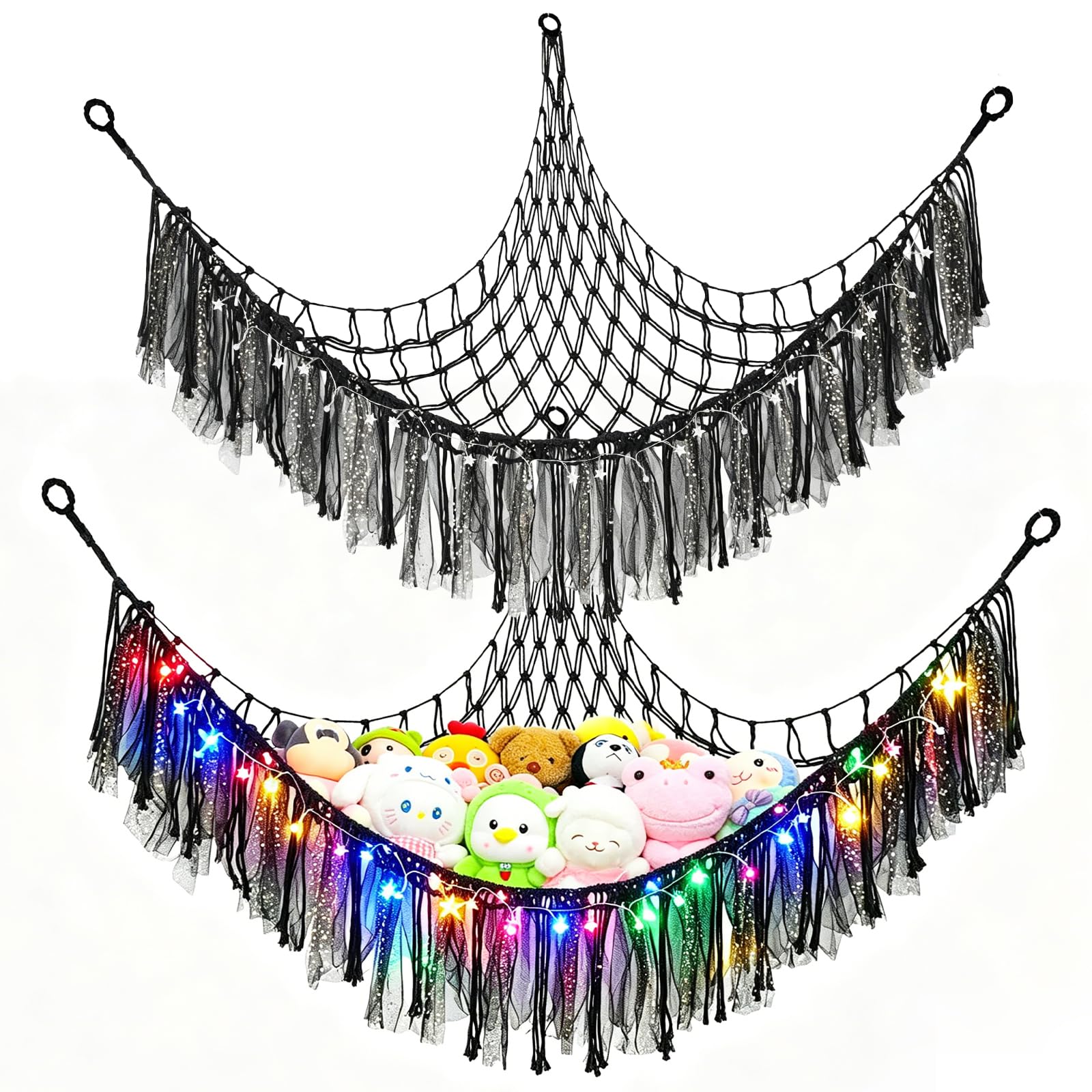 Stuffed Animal Hammock with LED Lights, Teddy Hammock Toy Storage Net, Hand Woven Plush Macrame Organizer with Tassel for Nursery, Kids Bedroom Decor (Black)