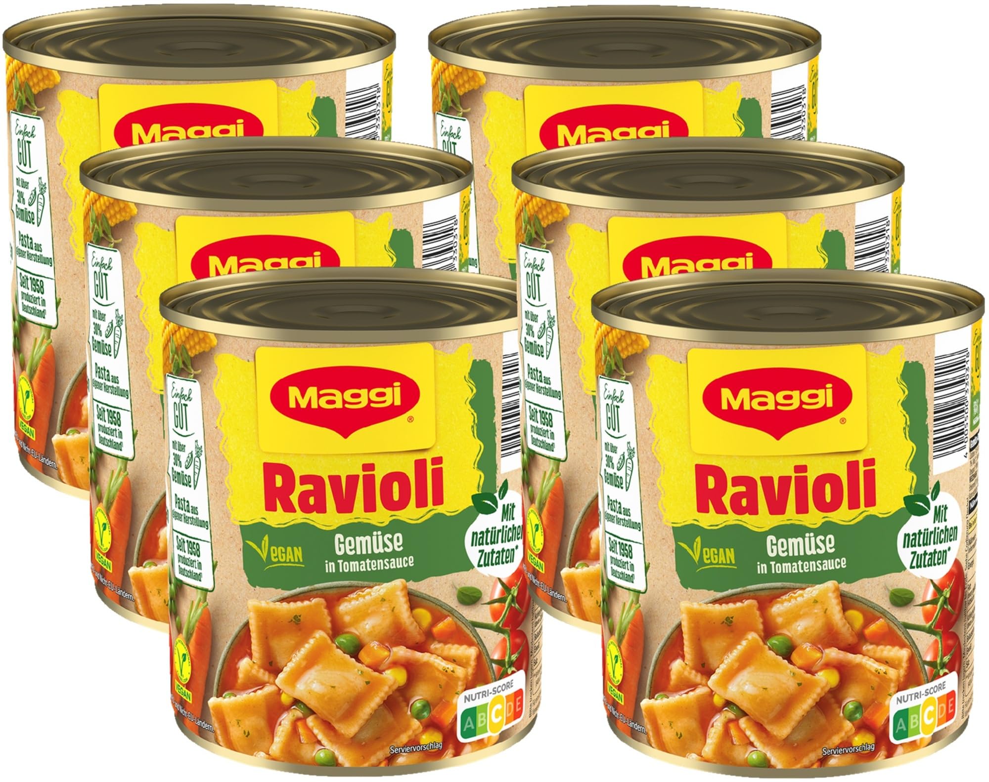 MAGGI Gemüse-Ravioli in Tomatensauce: Teigtaschen in Tomaten-Gemüsesauce, ohne Fleisch (vegan), leckeres Camping-Essen, 6er Pack (6 x 800g)