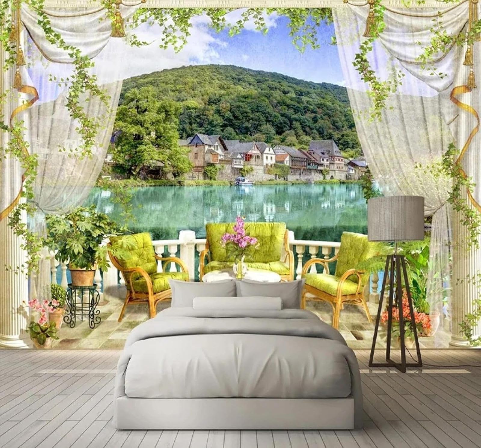 XLMING Fresh Green Landscape Balcony Lake View 3D Wallpaper Luxury Home Dining Decor Paste Sofa Living Room The Wall for Bedroom Mural-200cm×140cm