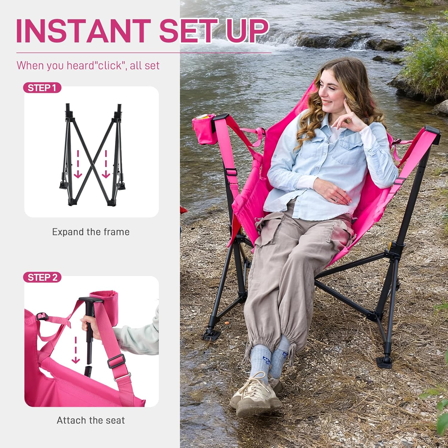 EVER ADVANCED Padded Oversized Hammock Camping Chair, Compact Heavy Duty Swing Chair with Multi-Storage Pockets, Portable Folding Rocking Camping Chair, Support Up to 400lbs, Pink