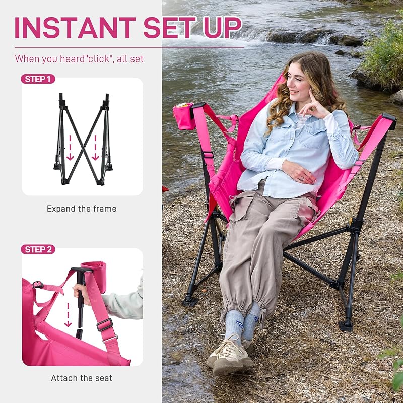 EVER ADVANCED Padded Oversized Hammock Camping Chair, Compact Heavy Duty Swing Chair with Multi-Storage Pockets, Portable Folding Rocking Camping Chair, Support Up to 400lbs, Pink image 5