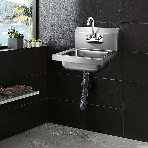 Vista 7 de Giantex Fregadero de lavado de manos de acero inoxidable, fregadero comercial con grifo, colador, salpicaduras traseras, lavabo de mano comercial