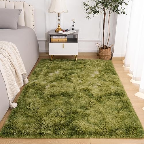Miniatura 2 de Softlife Alfombra de área para sala de estar, alfombra mullida de felpa de 6 x 9 pies para dormitorio, alfombra de pelo peludo verde teñido anudado