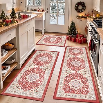 Pack of 3 Red Christmas Kitchen Rug Vintage Washable Non-Slip